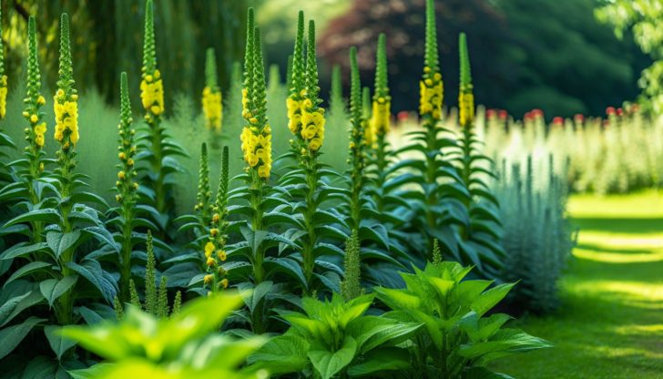 Sunny garden with mullein plants