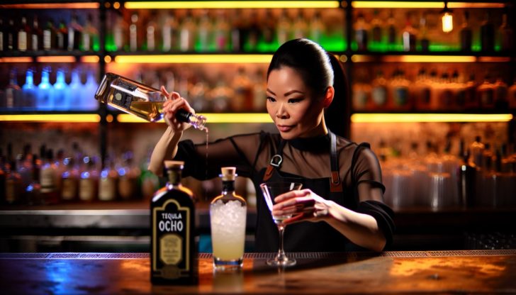 Mixologist crafting a cocktail with Tequila Ocho, showcasing its versatility