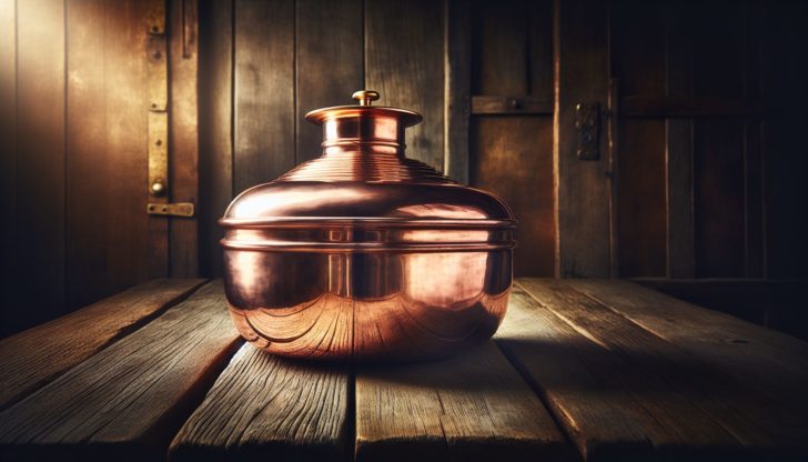 A traditional copper pot used in distillation, unveiling Tequila Ocho Plata