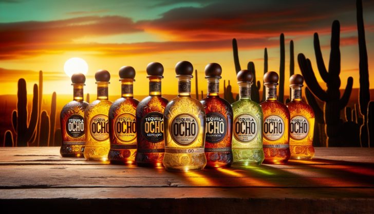A collection of Tequila Ocho family expressions, including Reposado and Añejo