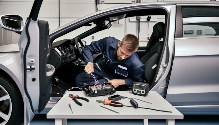 Photo of a person installing a remote keyless entry system in a car