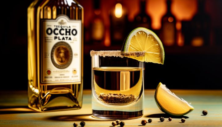 A glass of Tequila Ocho Plata with citrus and black pepper garnish, experiencing the flavors
