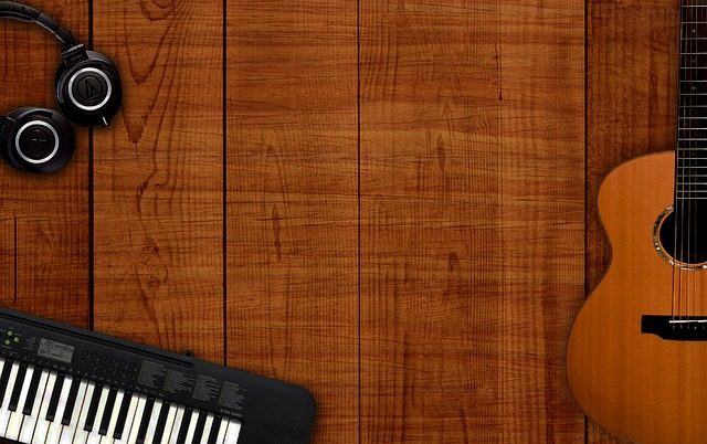 musical background, wallpaper 4k, music instruments on table