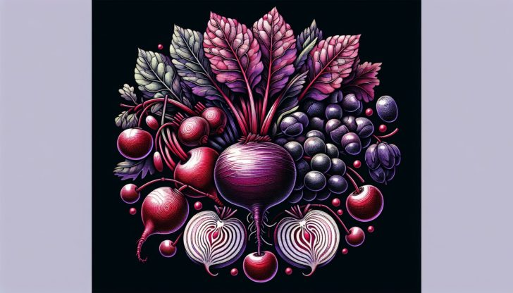 Illustration of nutrient-rich superfoods including beet root, cherry fruit extract, and grape seed extract