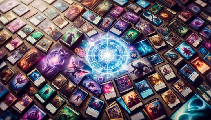 Illustration of a diverse collection of trading cards from various card trading games