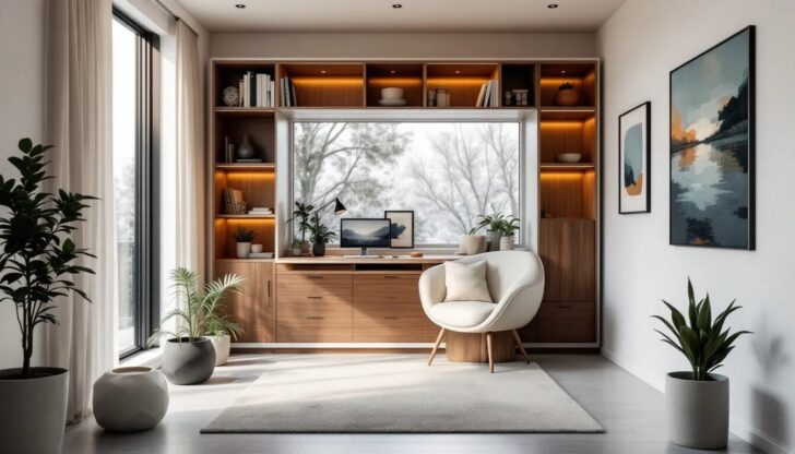 Multifunctional furniture in a small home office setting.