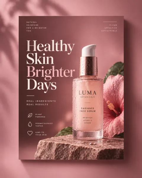AI-generated advertisement example: a skincare serum ad reading Healthy Skin, Brighter Days