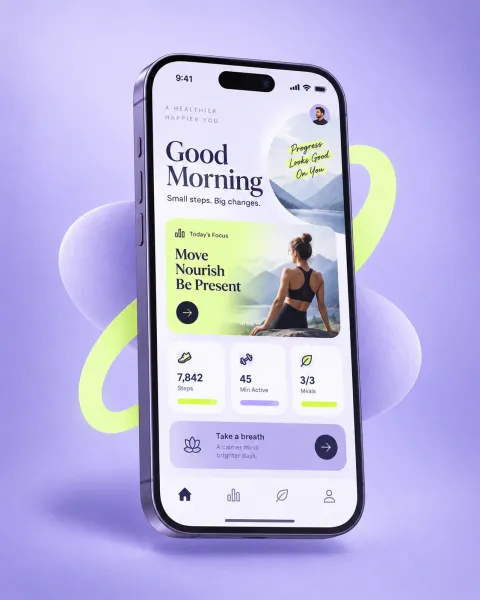 AI-generated app mockup example: a wellness app home screen on a smartphone