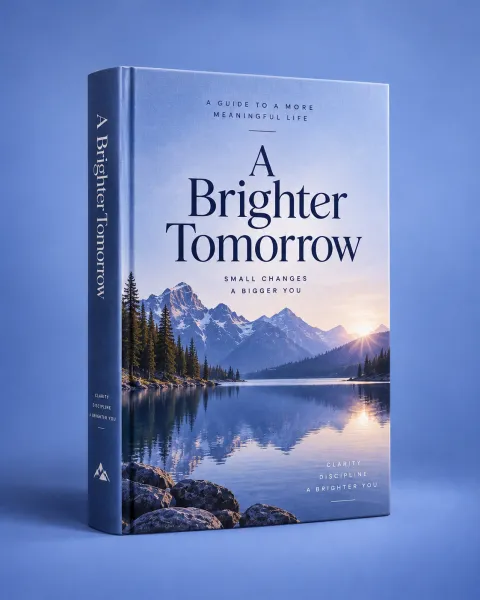 AI-generated book cover example: A Brighter Tomorrow with a mountain lake at sunrise