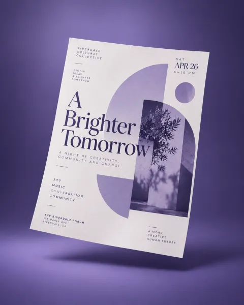 AI-generated event flyer example: A Brighter Tomorrow, a night of art, music, and community