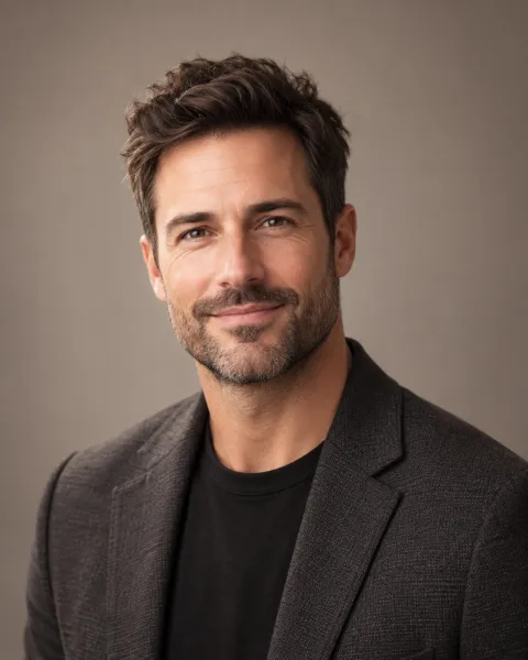 AI-generated professional headshot example: a man in a dark blazer on a gray studio backdrop