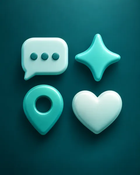 AI-generated icon set example: soft 3D chat, sparkle, location pin, and heart icons