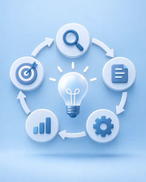 AI-generated infographic example: a circular process diagram with search, idea, document, gear, and chart icons