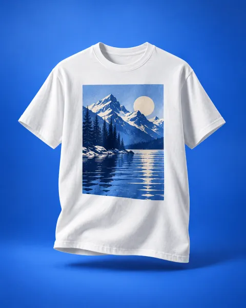 AI-generated merch example: a white t-shirt printed with a blue mountain lake graphic