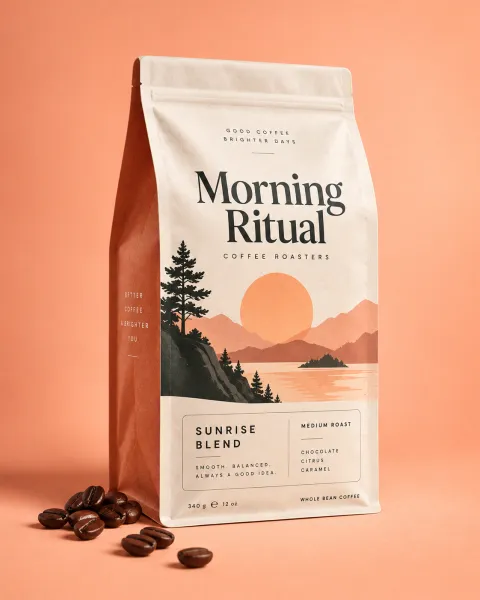 AI-generated packaging example: a Morning Ritual coffee bag with a sunrise landscape