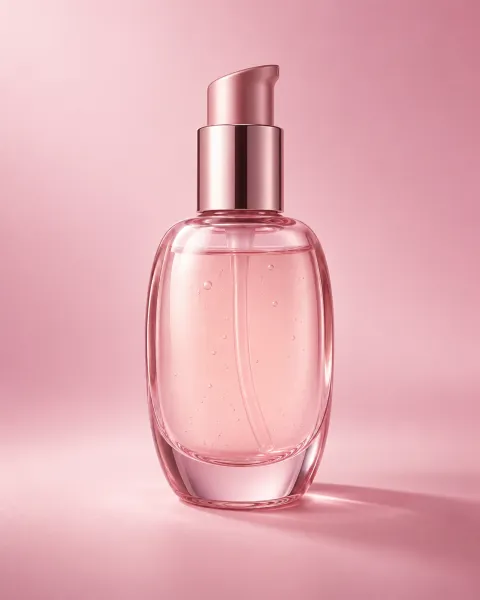 AI-generated product photo example: a pink glass perfume bottle on a studio backdrop