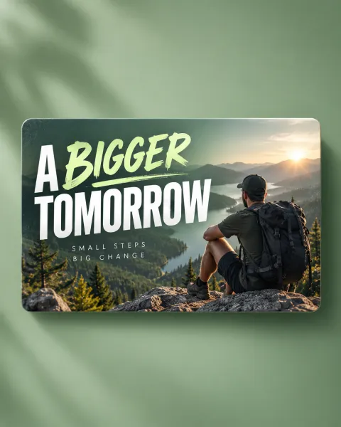 AI-generated video thumbnail example: A Bigger Tomorrow with a hiker overlooking a lake