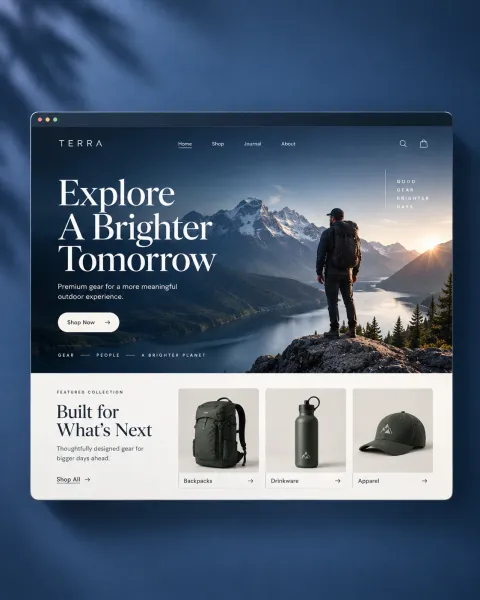 AI-generated website mockup example: an outdoor gear homepage with a mountain hero image